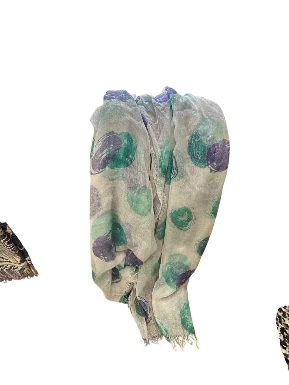 Lightweight Shimmer Scarf with Teal and Purple Dot Print. Square